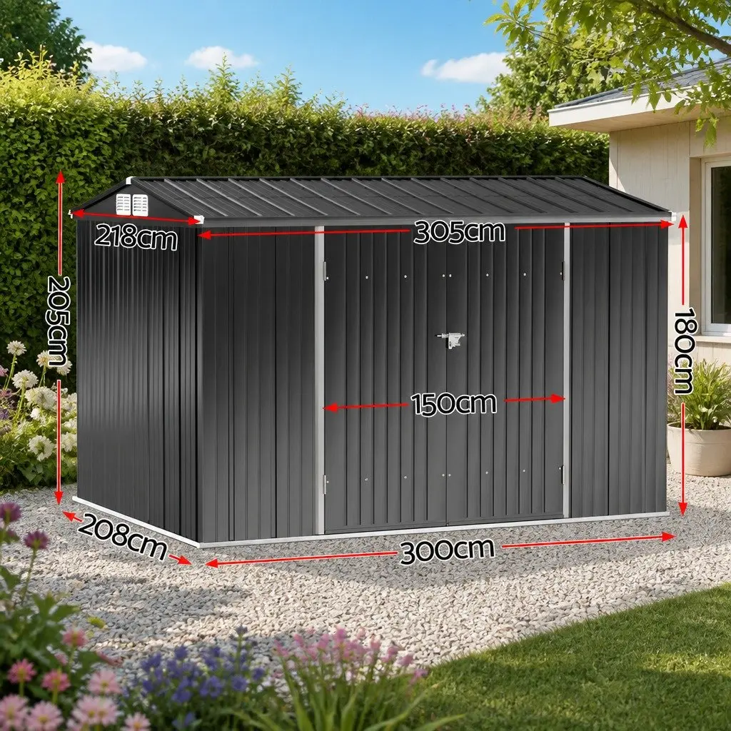 Garden Shed Galvanized Steel 3x2.18M Grey Outdoor Storage Tool House with Sloped Roof and Ventilation Lockable Doors