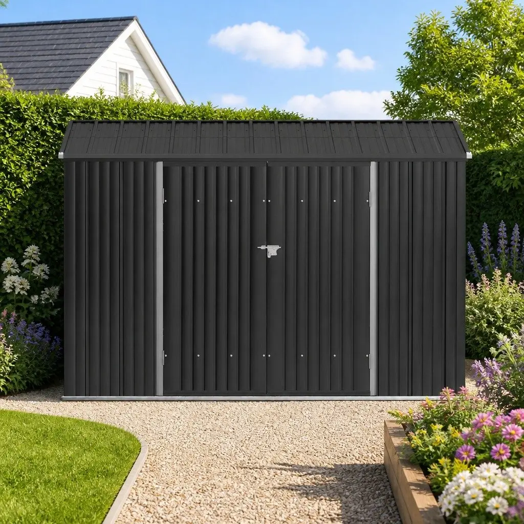 Garden Shed Galvanized Steel 3x2.18M Grey Outdoor Storage Tool House with Sloped Roof and Ventilation Lockable Doors