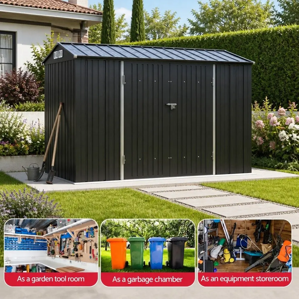Garden Shed Galvanized Steel 3x2.18M Grey Outdoor Storage Tool House with Sloped Roof and Ventilation Lockable Doors