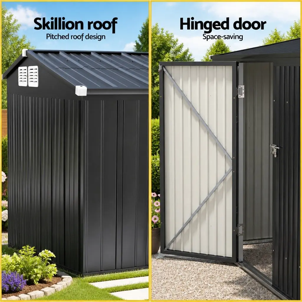 Garden Shed Galvanized Steel 3x2.18M Grey Outdoor Storage Tool House with Sloped Roof and Ventilation Lockable Doors
