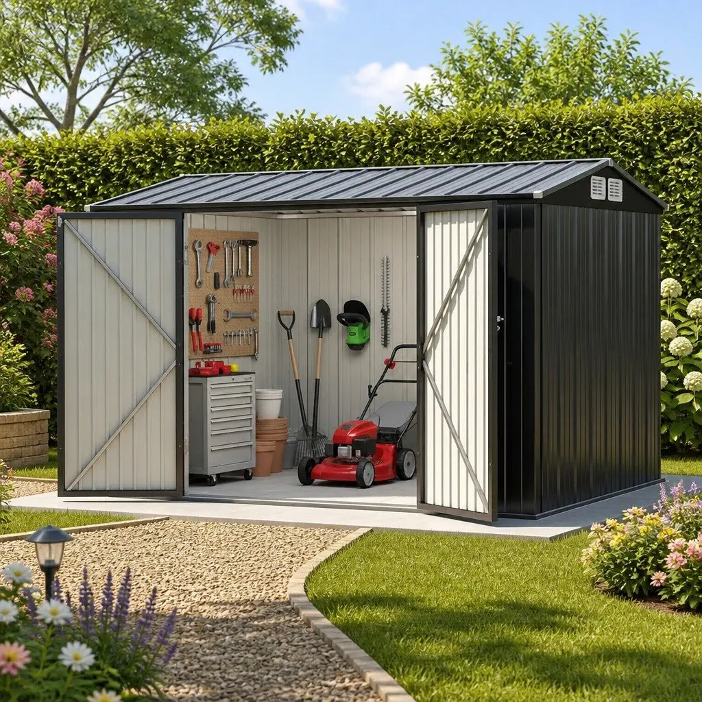 Garden Shed Galvanized Steel 3x2.18M Grey Outdoor Storage Tool House with Sloped Roof and Ventilation Lockable Doors