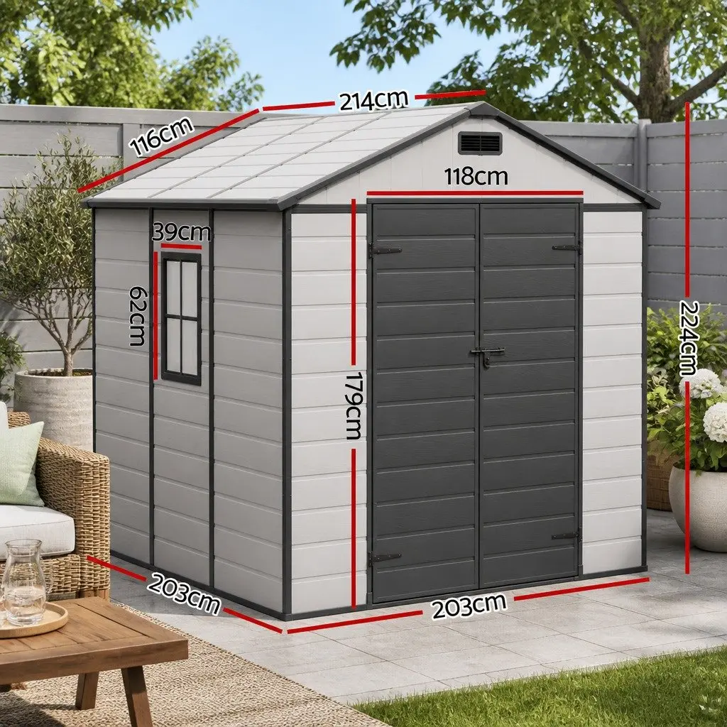 Garden Shed Polypropylene Steel Reinforced Gable Roof Outdoor Storage Tool Workshop 215cm x 214cm Light Grey Black