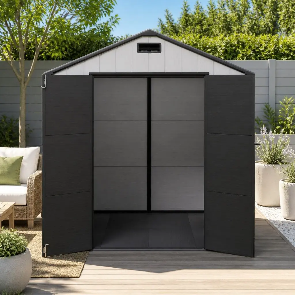 Garden Shed Polypropylene Steel Reinforced Gable Roof Outdoor Storage Tool Workshop 215cm x 214cm Light Grey Black