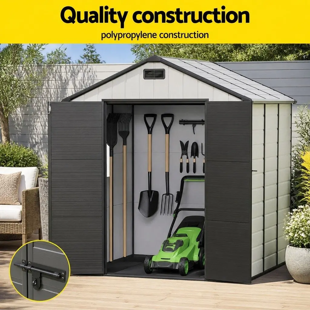 Garden Shed Polypropylene Steel Reinforced Gable Roof Outdoor Storage Tool Workshop 215cm x 214cm Light Grey Black
