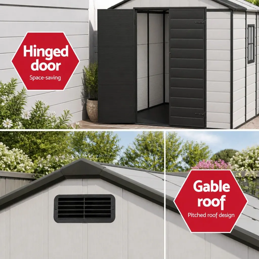 Garden Shed Polypropylene Steel Reinforced Gable Roof Outdoor Storage Tool Workshop 215cm x 214cm Light Grey Black