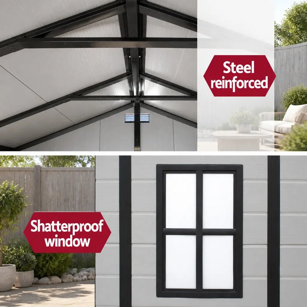 Garden Shed Polypropylene Steel Reinforced Gable Roof Outdoor Storage Tool Workshop 215cm x 214cm Light Grey Black