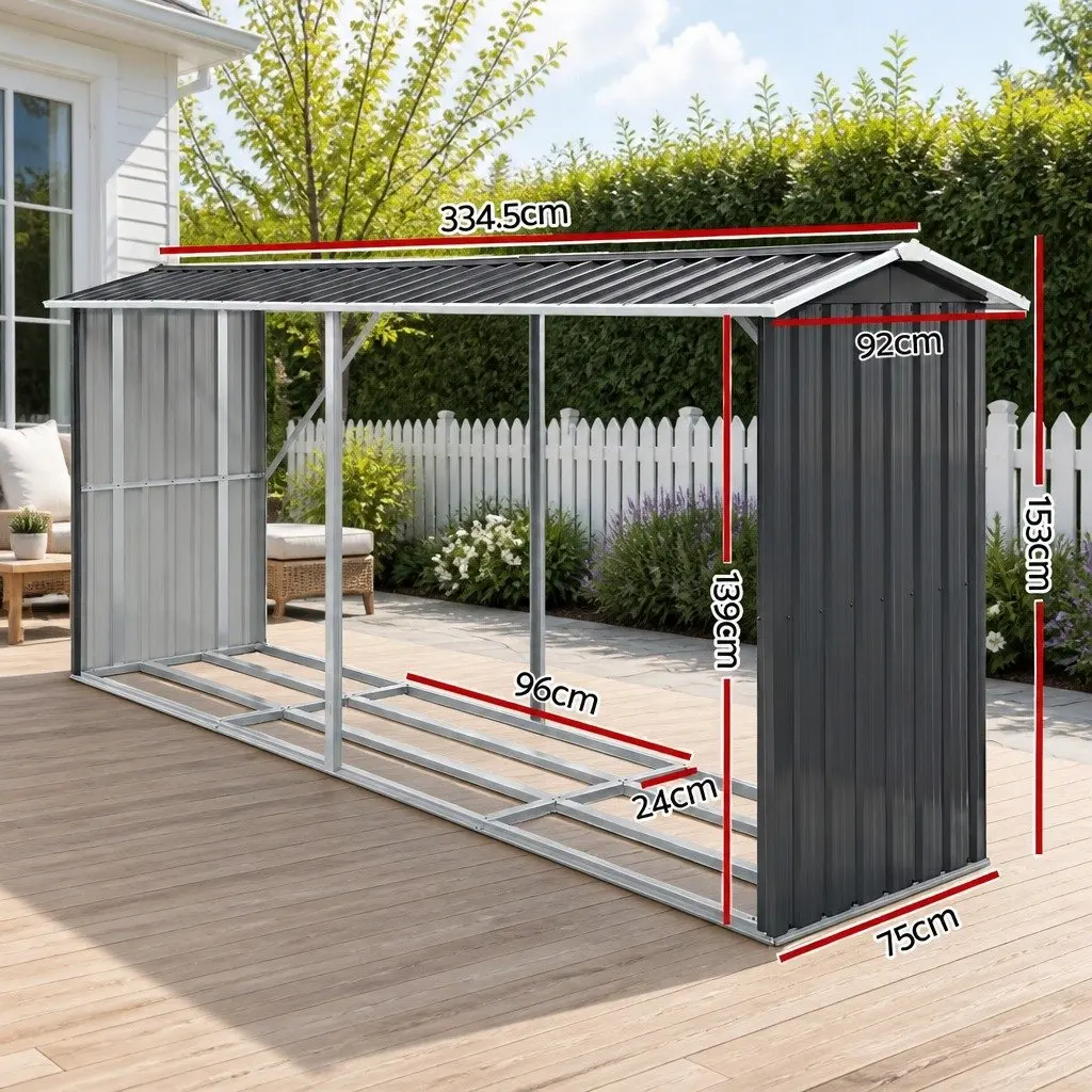 Firewood Storage Shed Galvanised Steel Outdoor Log Rack Grey 334.5CM