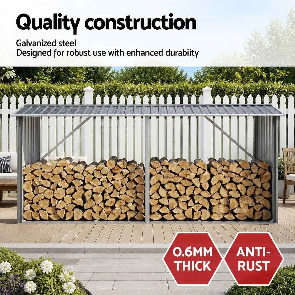 Firewood Storage Shed Galvanised Steel Outdoor Log Rack Grey 334.5CM