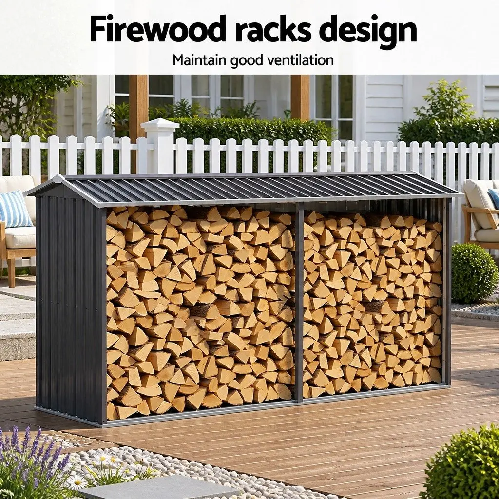Firewood Storage Shed Galvanised Steel Outdoor Log Rack Grey 334.5CM