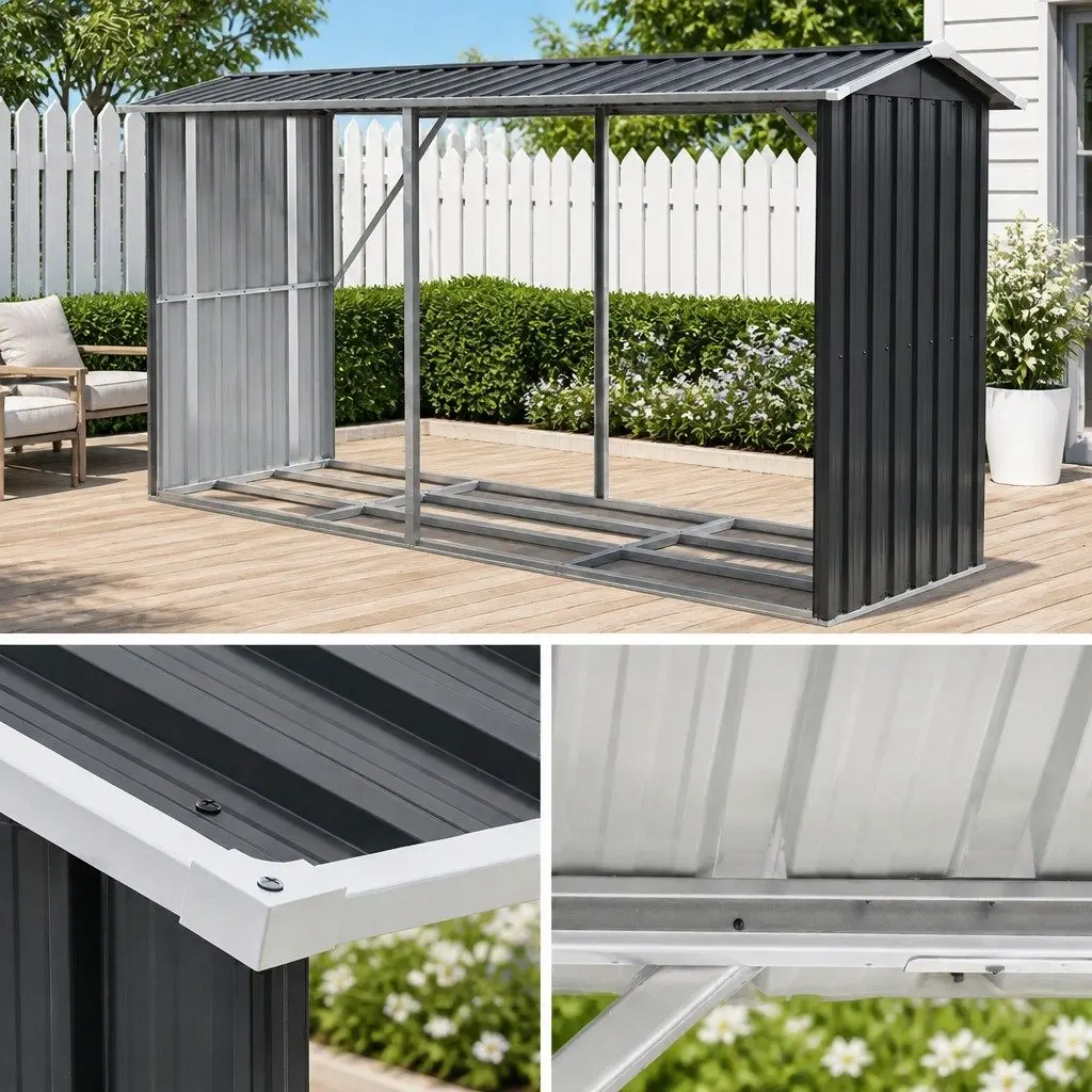 Firewood Storage Shed Galvanised Steel Outdoor Log Rack Grey 334.5CM
