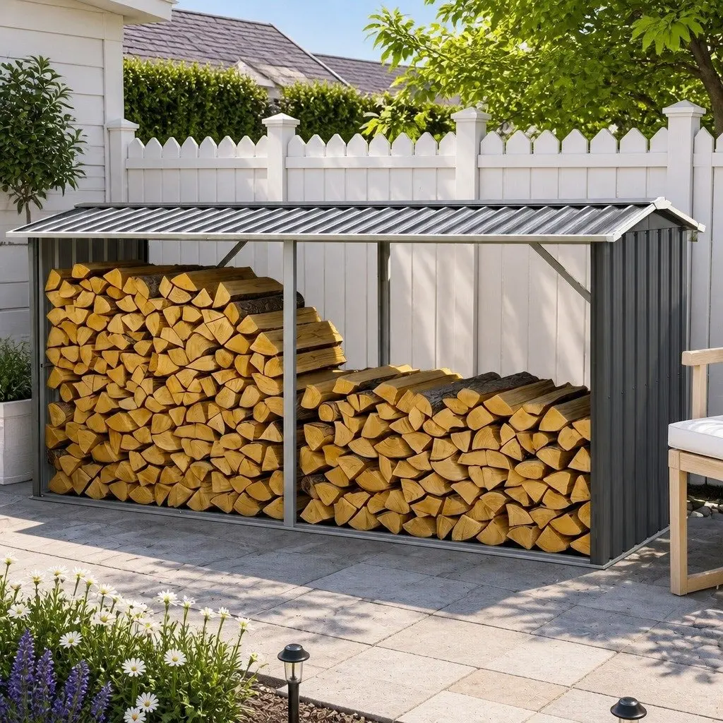 Firewood Storage Shed Galvanised Steel Outdoor Log Rack Grey 334.5CM