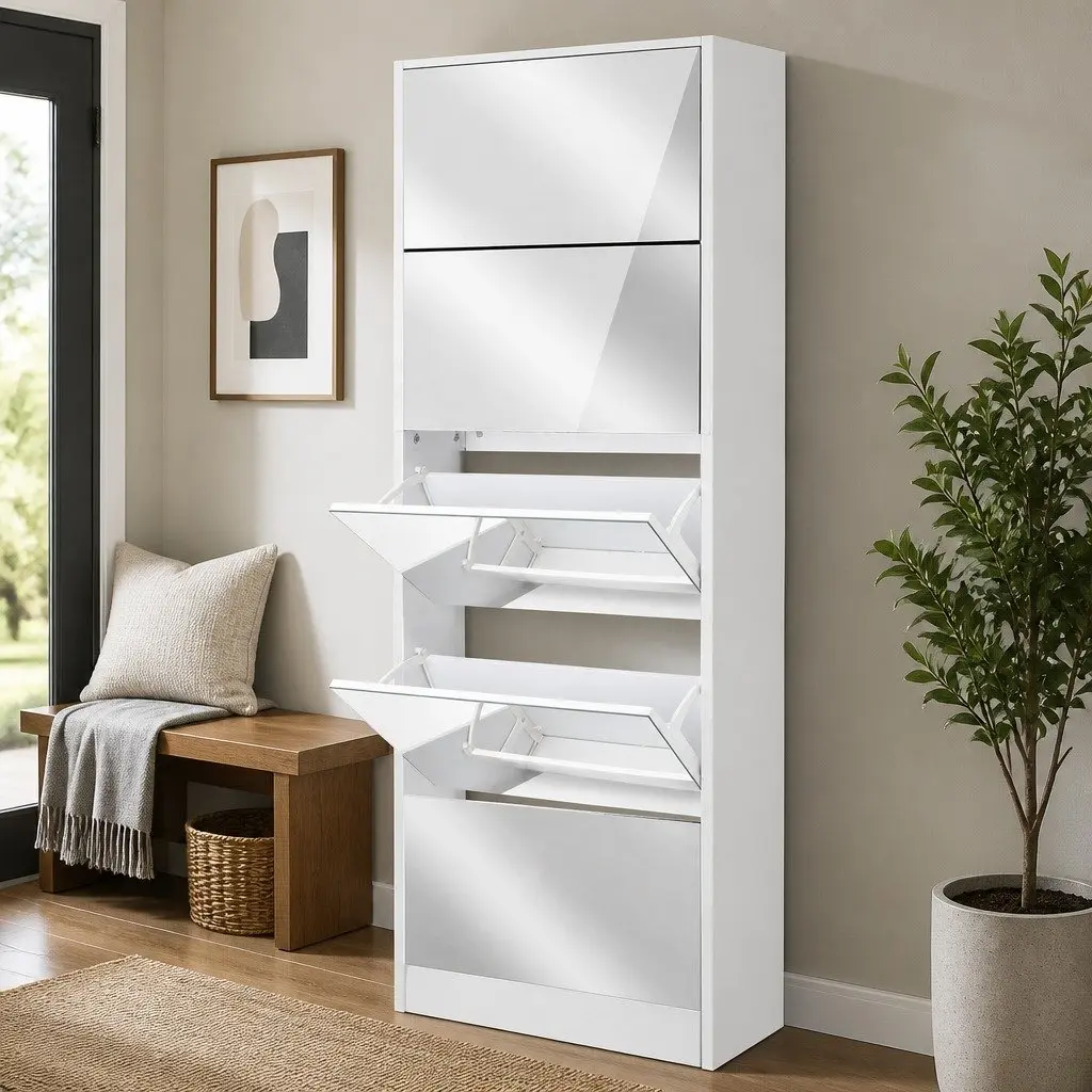 Shoe Storage Cabinet Full-Length Mirror 5 Compartment White 63cm x 17cm x 170cm