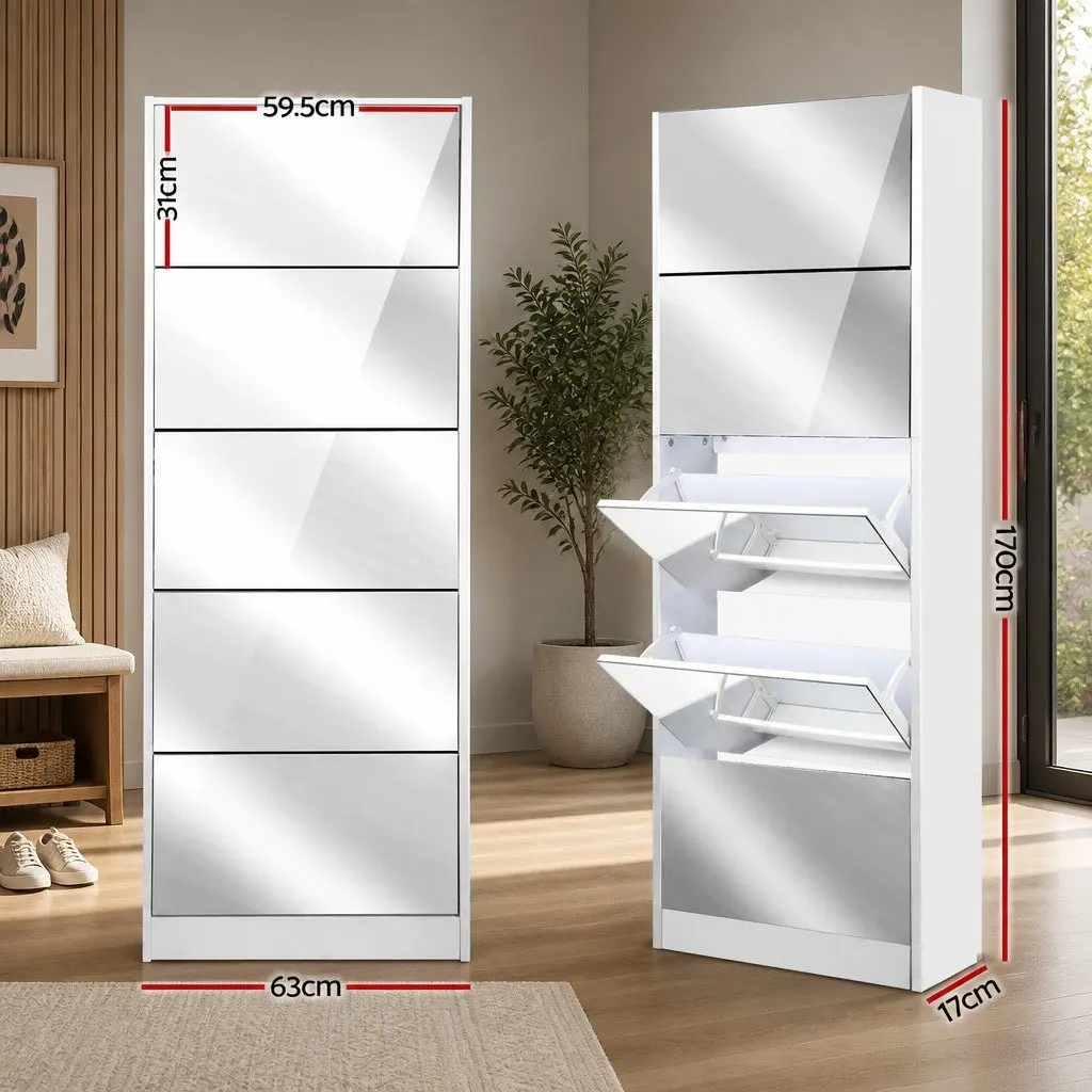 Shoe Storage Cabinet Full-Length Mirror 5 Compartment White 63cm x 17cm x 170cm