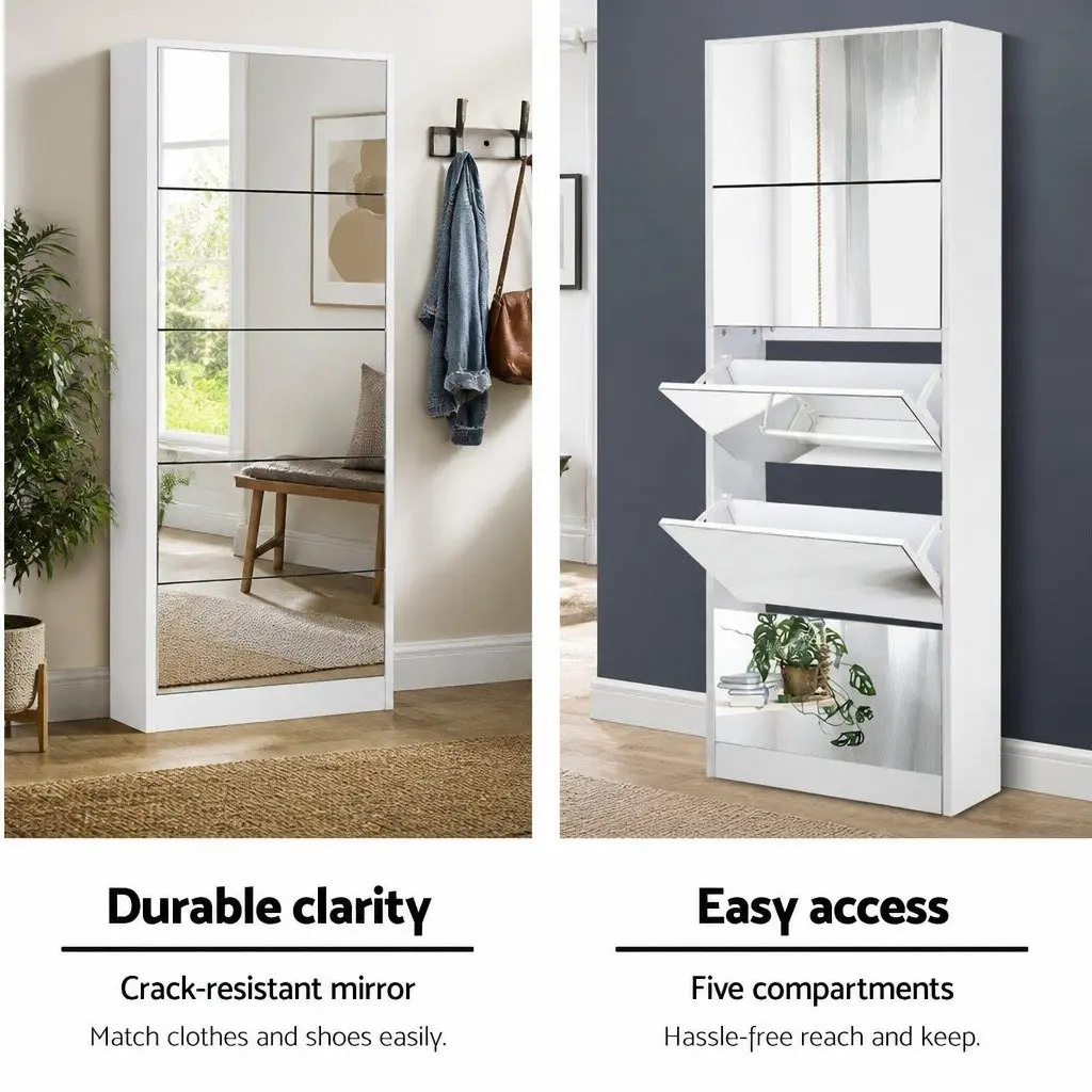 Shoe Storage Cabinet Full-Length Mirror 5 Compartment White 63cm x 17cm x 170cm