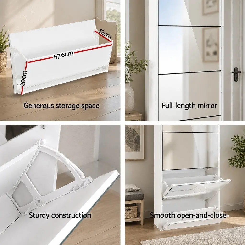 Shoe Storage Cabinet Full-Length Mirror 5 Compartment White 63cm x 17cm x 170cm
