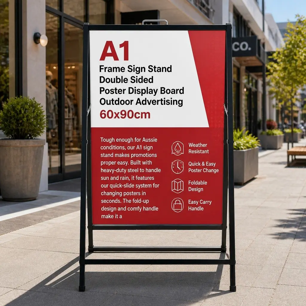 A1 Frame Sign Stand Heavy-Duty Steel Double Sided Outdoor Advertising Black 60cm W x 62cm D x 96cm H
