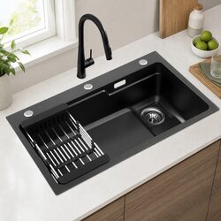 Stainless Steel Kitchen Sink 75x45cm Single Bowl Black Pull Out Mixer Tap Basin
