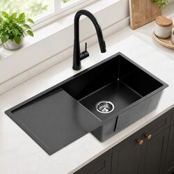 Kitchen Sink Stainless Steel 75x45CM Single Bowl Black Pull Out Mixer Tap Basin