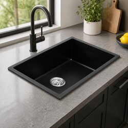 Black Granite Stone Kitchen Sink 70x45cm Single Bowl Undermount Flush Drop In