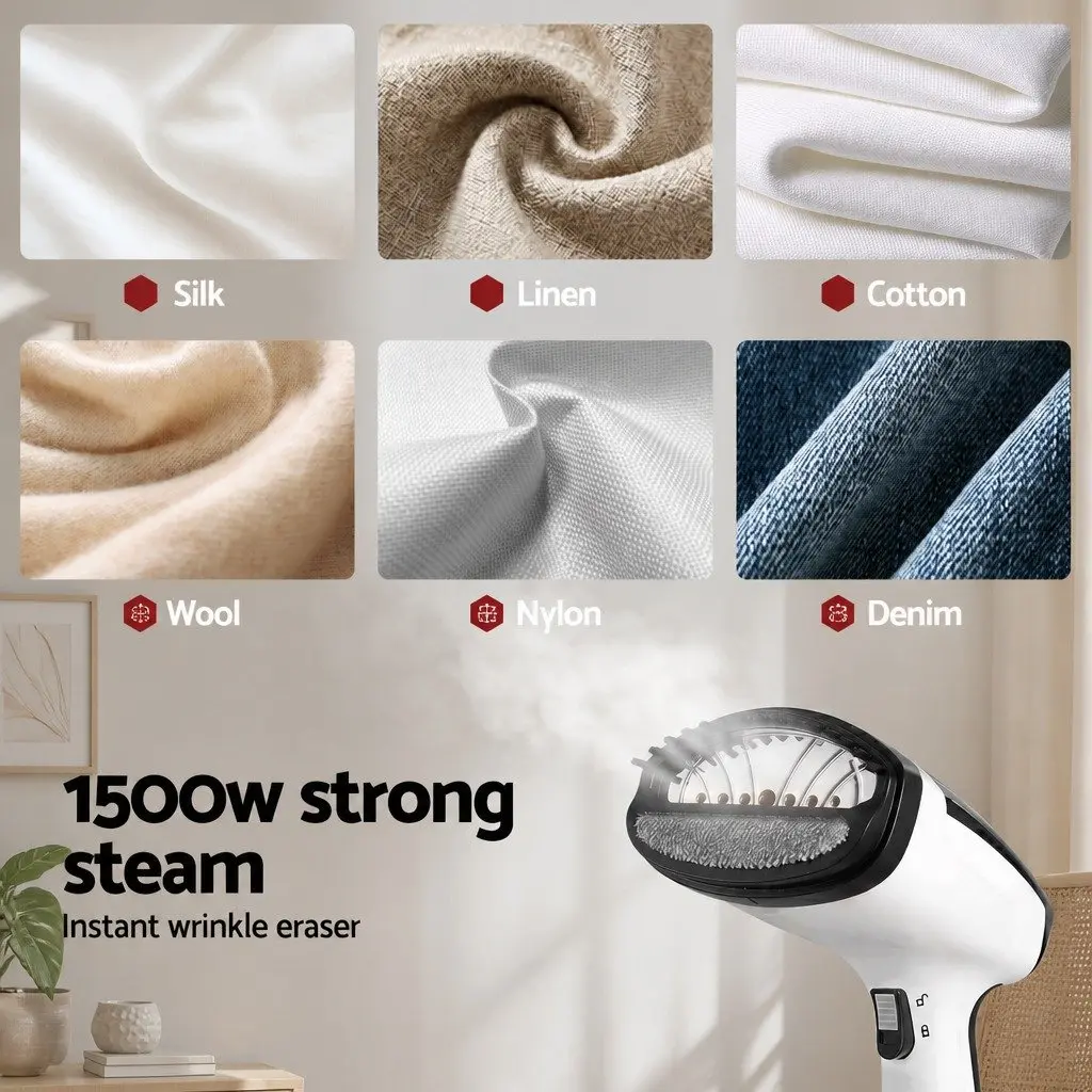 Handheld Garment Steamer 1500W Portable White 160ml Fast Heat-Up Continuous Steam