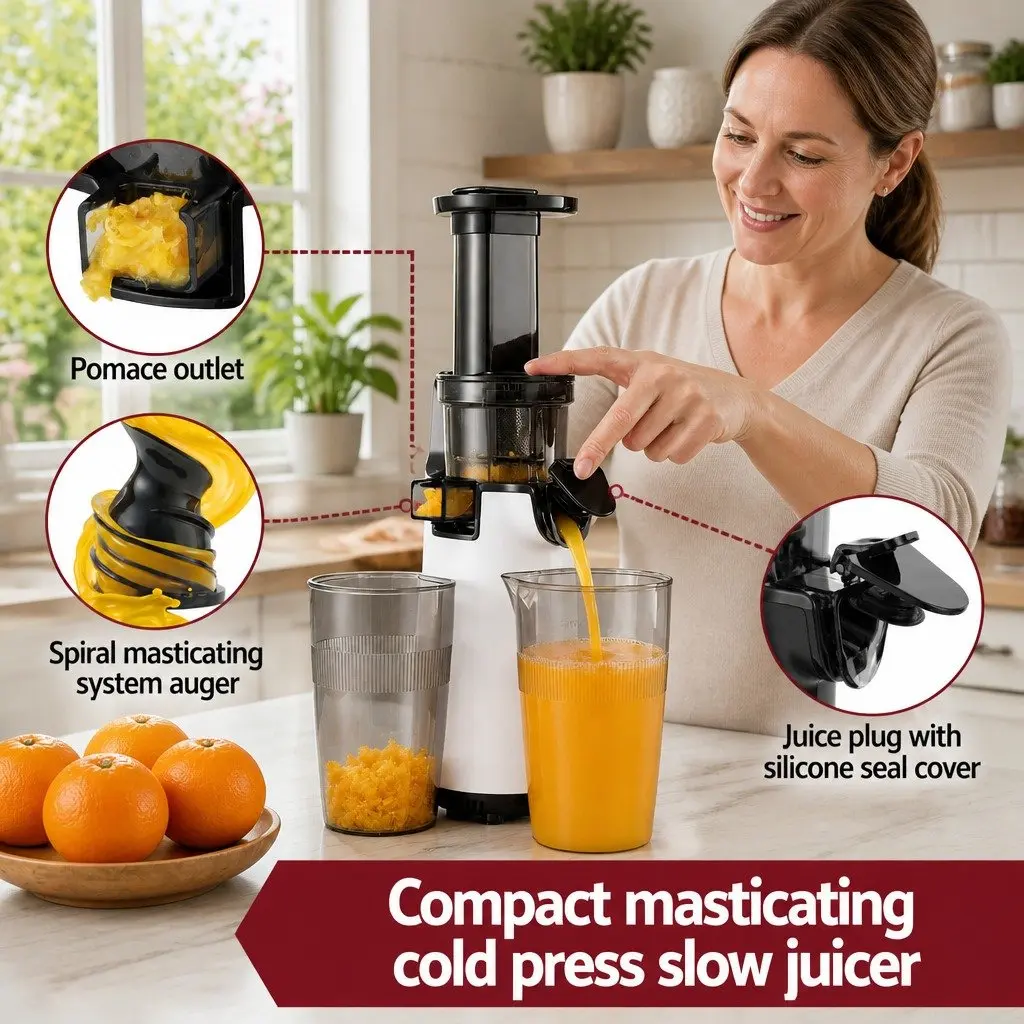 Slow Juicer White 130W Cold Press Machine Low Speed Masticating Technology for Home Kitchen Juice Extraction