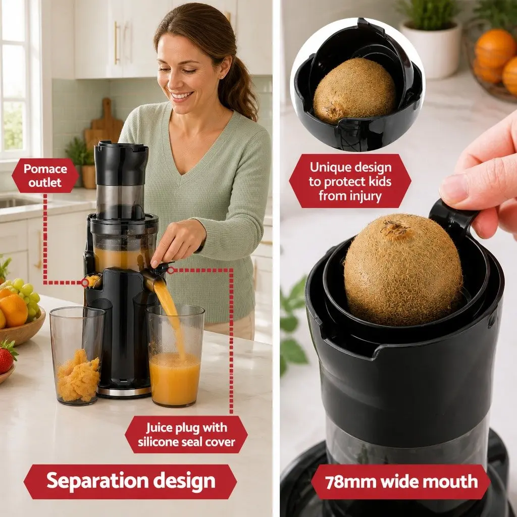 Slow Juicer Low Speed Masticating Auger 200W Cold Press Black 17.5cm x 16.5cm x 45cm