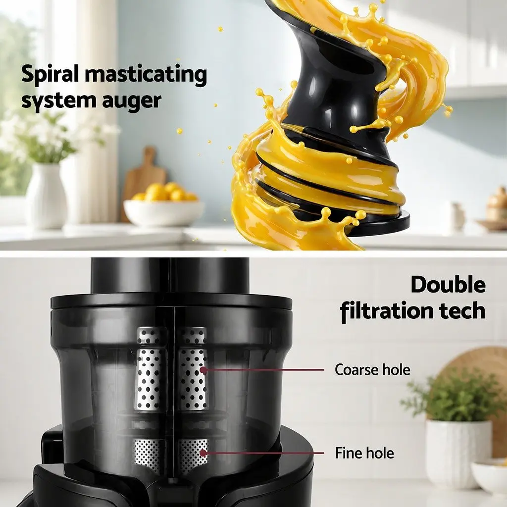Slow Juicer Low Speed Masticating Auger 200W Cold Press Black 17.5cm x 16.5cm x 45cm