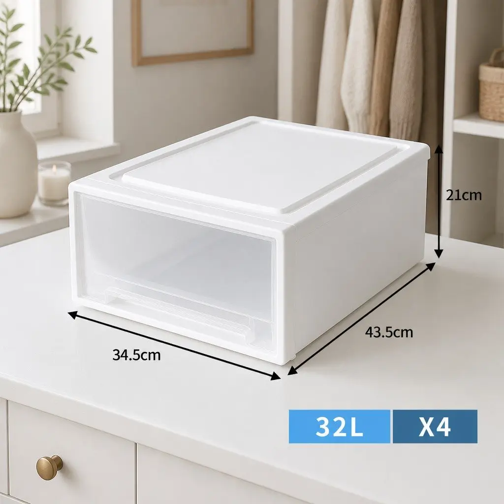 Storage Drawers Stackable PP Plastic 34.5cm x 43.5cm x 21cm White 4 Pack