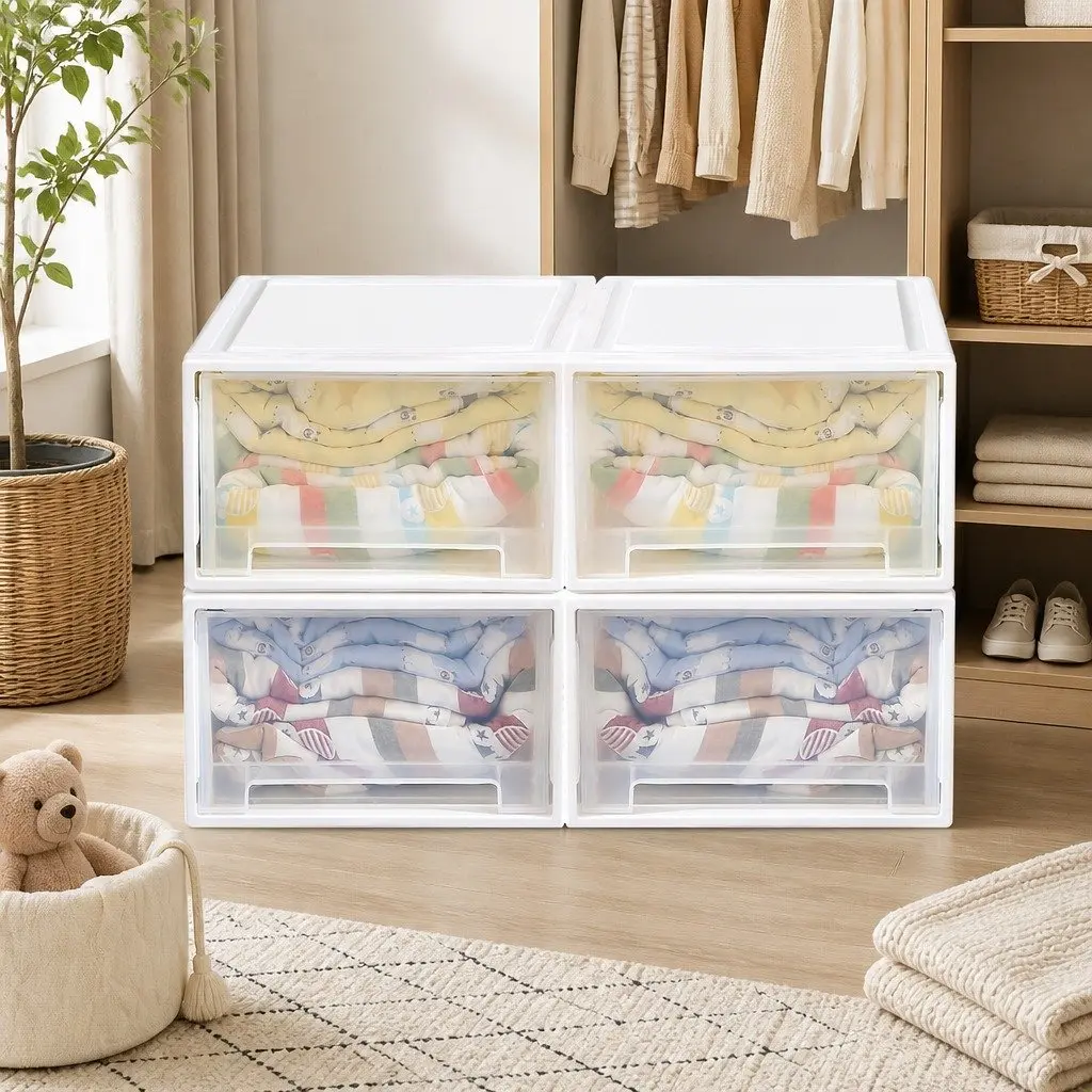 Storage Drawers Stackable PP Plastic 34.5cm x 43.5cm x 21cm White 4 Pack