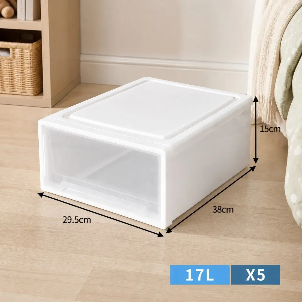 Storage Box Stackable Containers Large 5 Pack Transparent Kids Bedroom Playroom Organiser