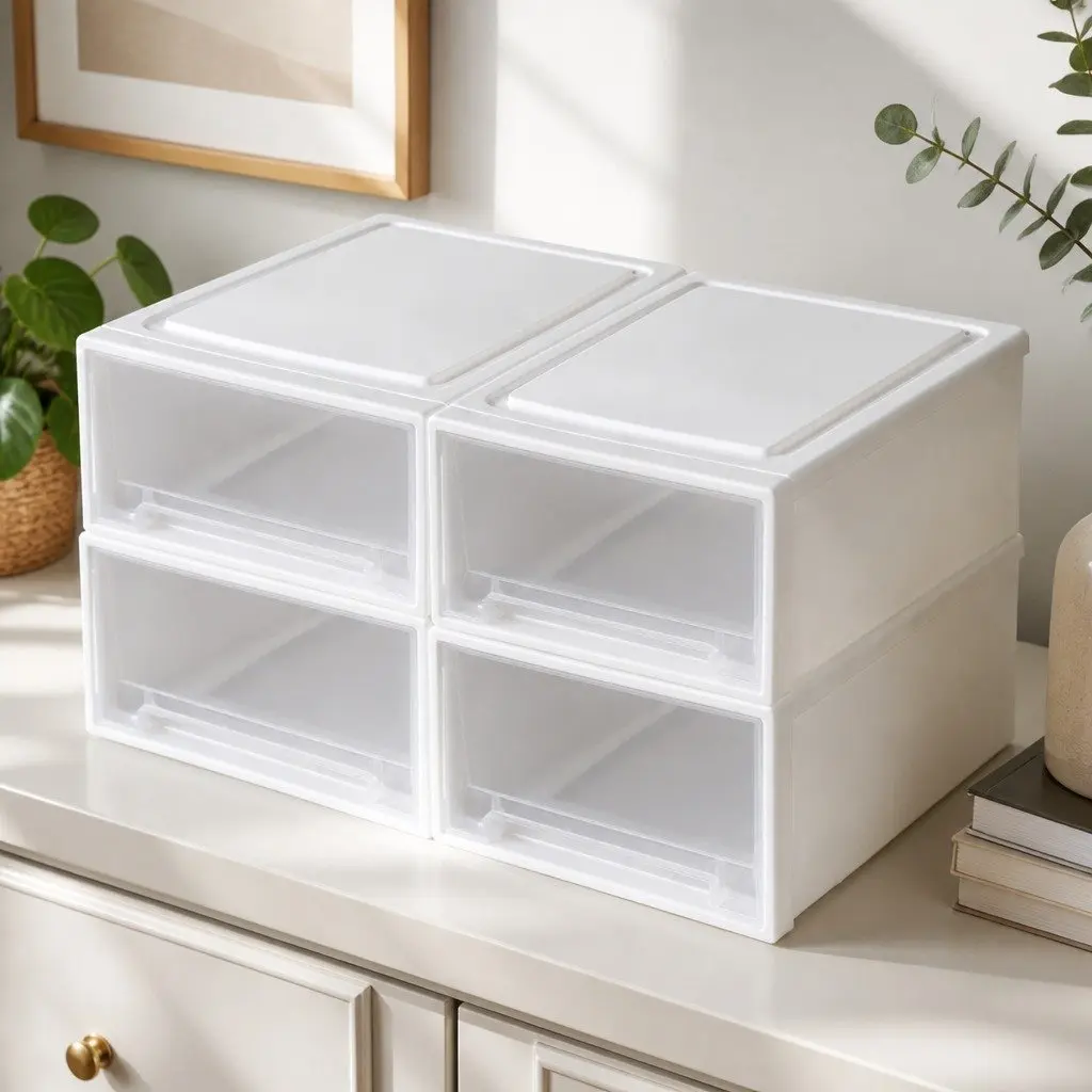 Small Plastic Storage Drawers Stackable Containers Transparent 25cm x 34cm x 12cm 4 Piece