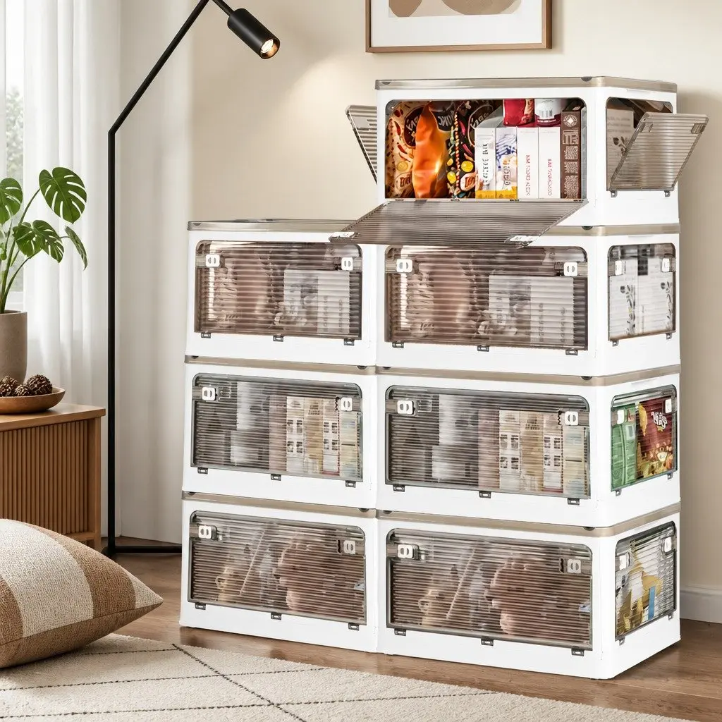 Stackable Storage Box Plastic Large Capacity Foldable See-through White Orange Green
