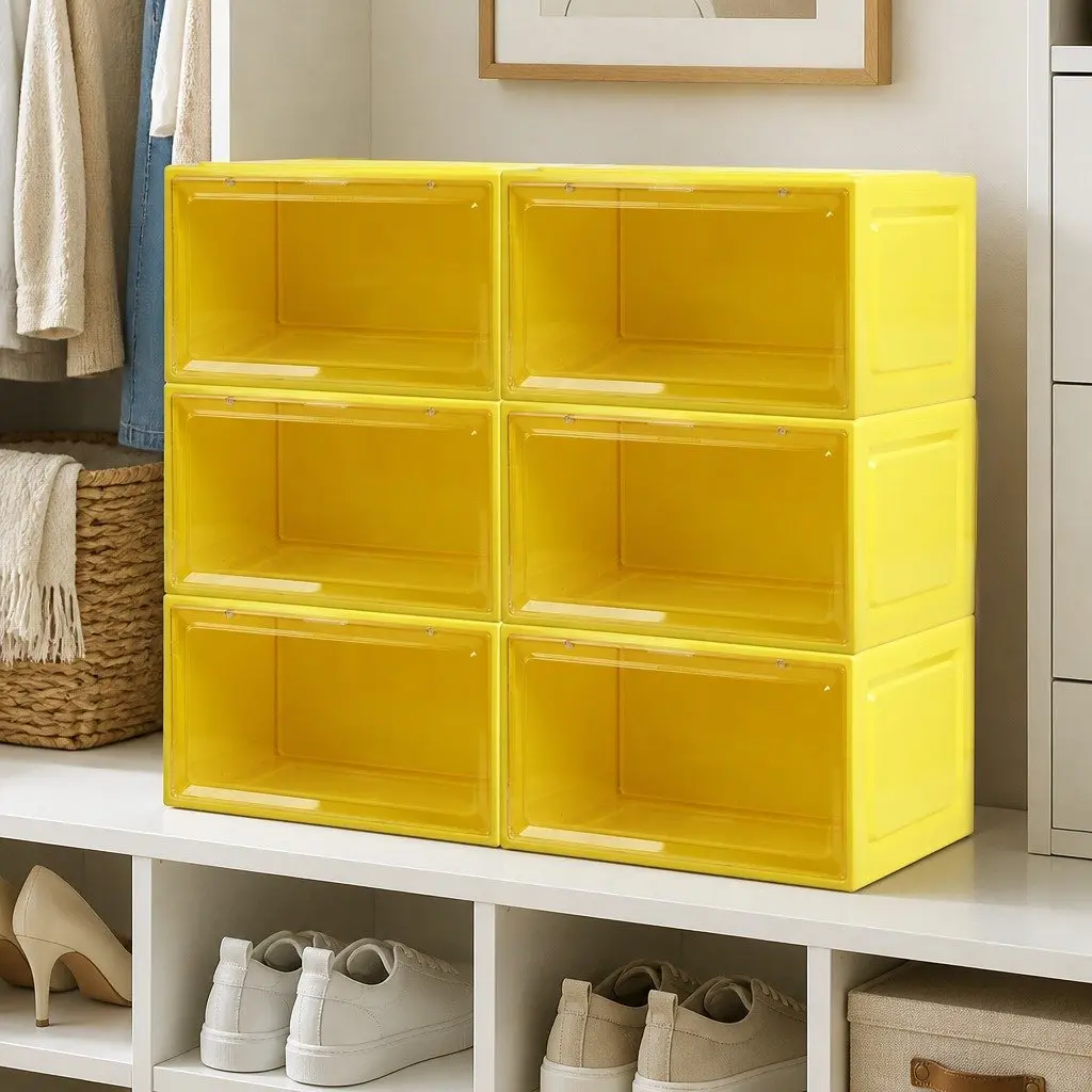 Shoe Storage Box Stackable PP Plastic Drop Front Clear Door 35.5cm x 26cm x 21cm Green Yellow Pink Blue