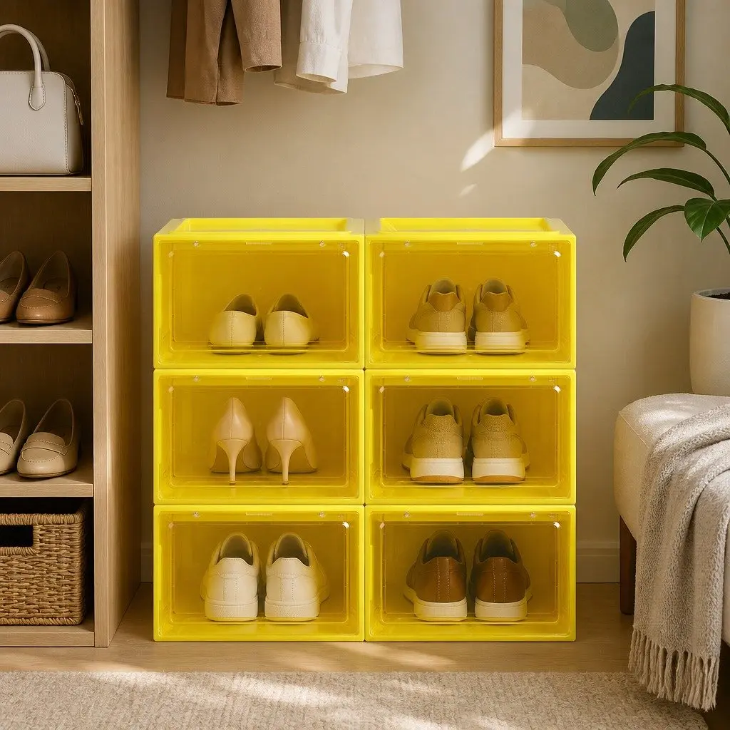 Shoe Storage Box Stackable PP Plastic Drop Front Clear Door 35.5cm x 26cm x 21cm Green Yellow Pink Blue