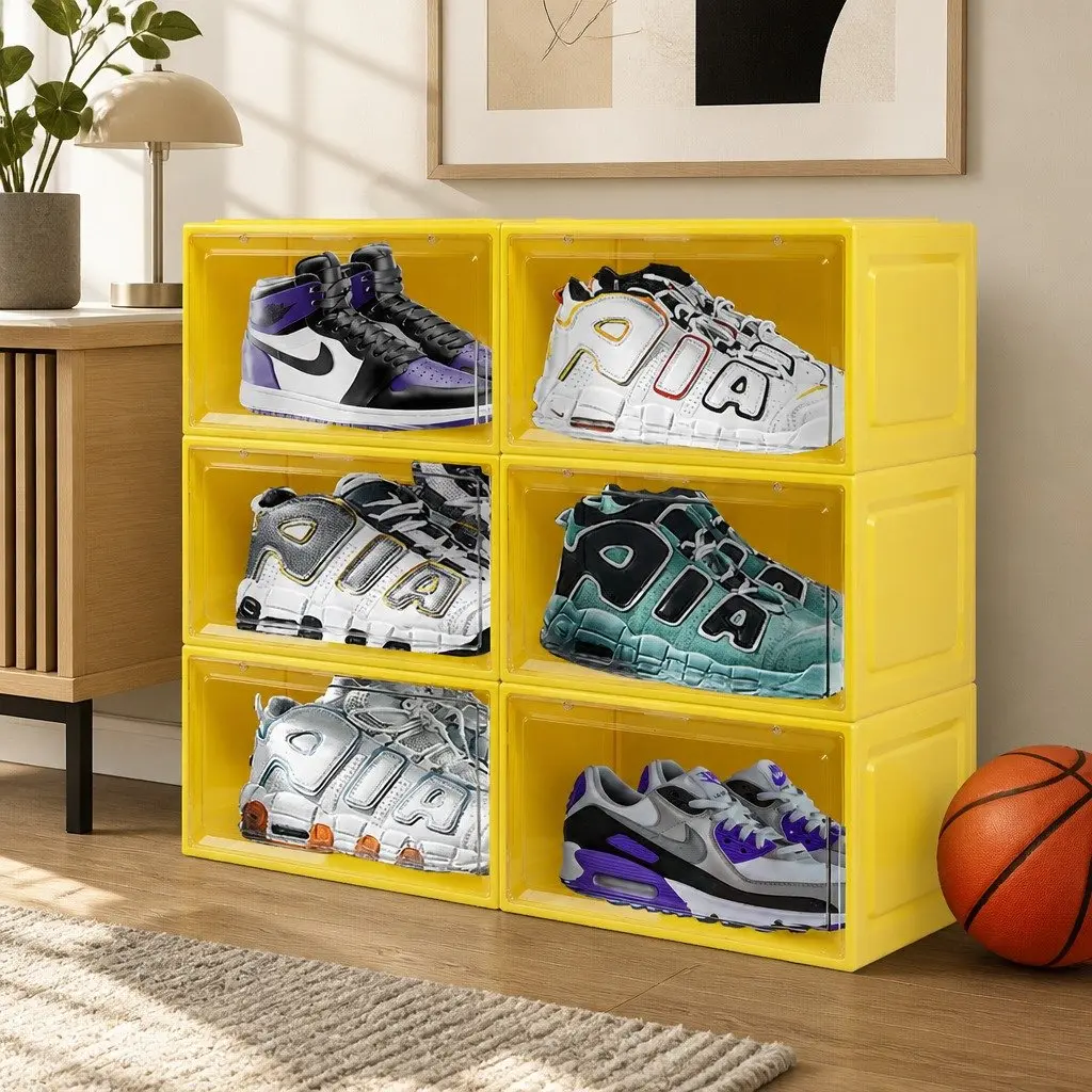 Shoe Storage Box Stackable PP Plastic Drop Front Clear Door 35.5cm x 26cm x 21cm Green Yellow Pink Blue