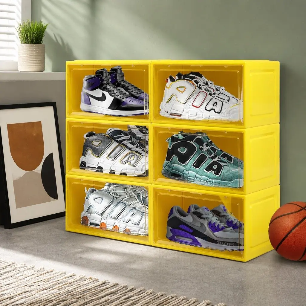 Shoe Storage Box Stackable PP Plastic Drop Front Clear Door 35.5cm x 26cm x 21cm Green Yellow Pink Blue