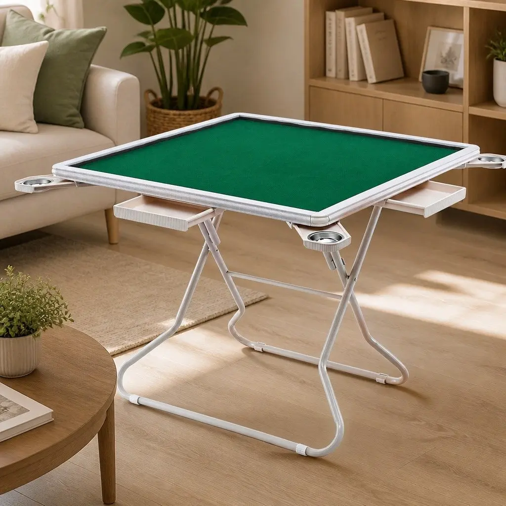Folding Mahjong Table Fabric Surface Green and White 88 x 88 x 73 cm with 4 Drawers and Cup Holders