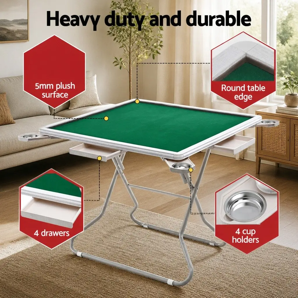Folding Mahjong Table Fabric Surface Green and White 88 x 88 x 73 cm with 4 Drawers and Cup Holders
