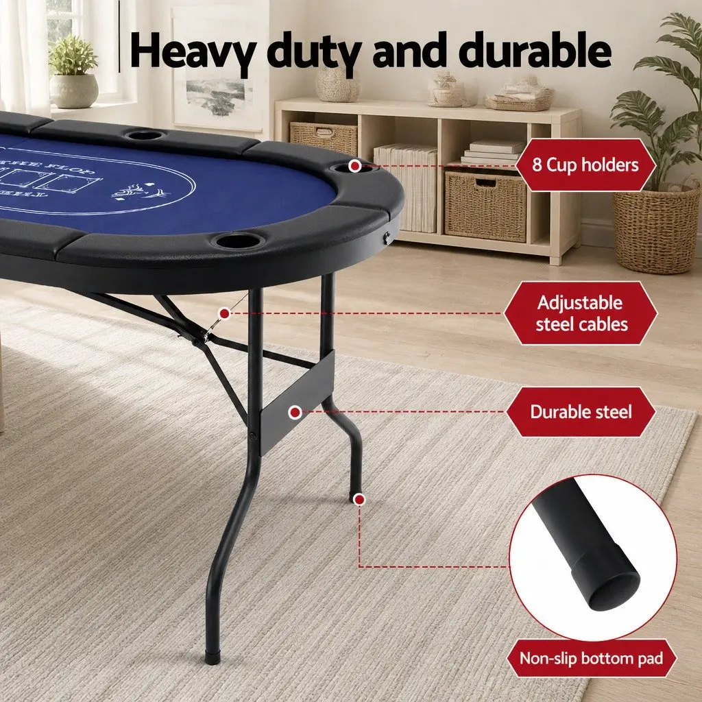 Folding Poker Table Top Casino Felt 183cm Blue Black for 8 Players with Cup Holders