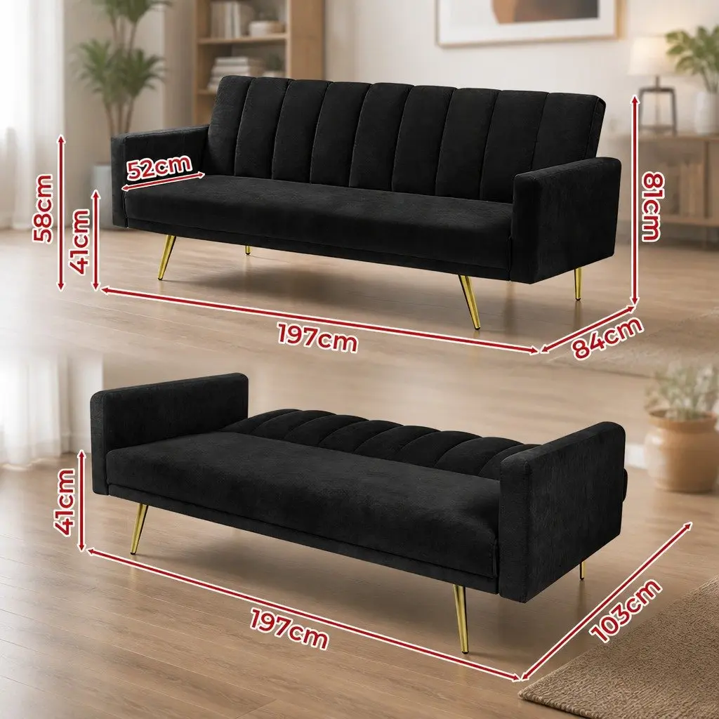 3 Seater Convertible Sofa Bed Velvet Lounge Recliner Couch Sleeper Black
