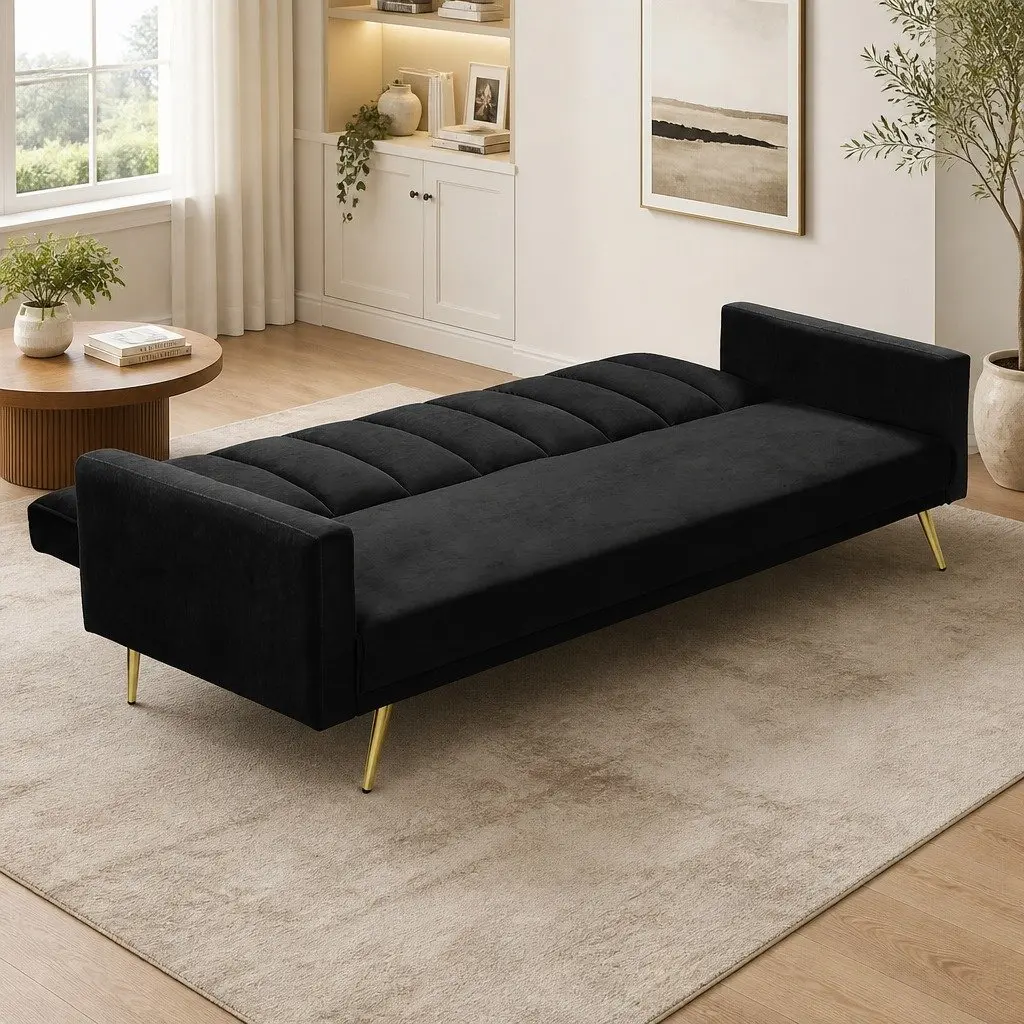 3 Seater Convertible Sofa Bed Velvet Lounge Recliner Couch Sleeper Black