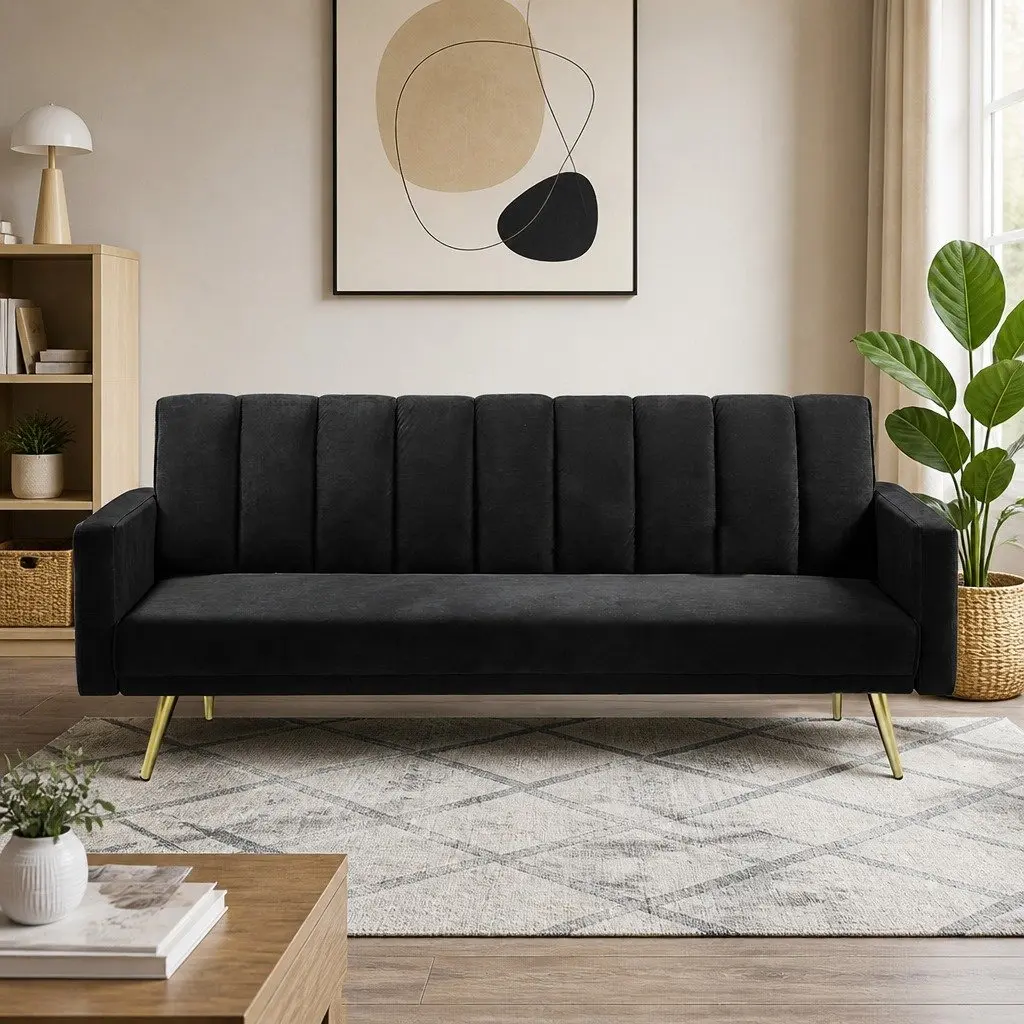 3 Seater Convertible Sofa Bed Velvet Lounge Recliner Couch Sleeper Black