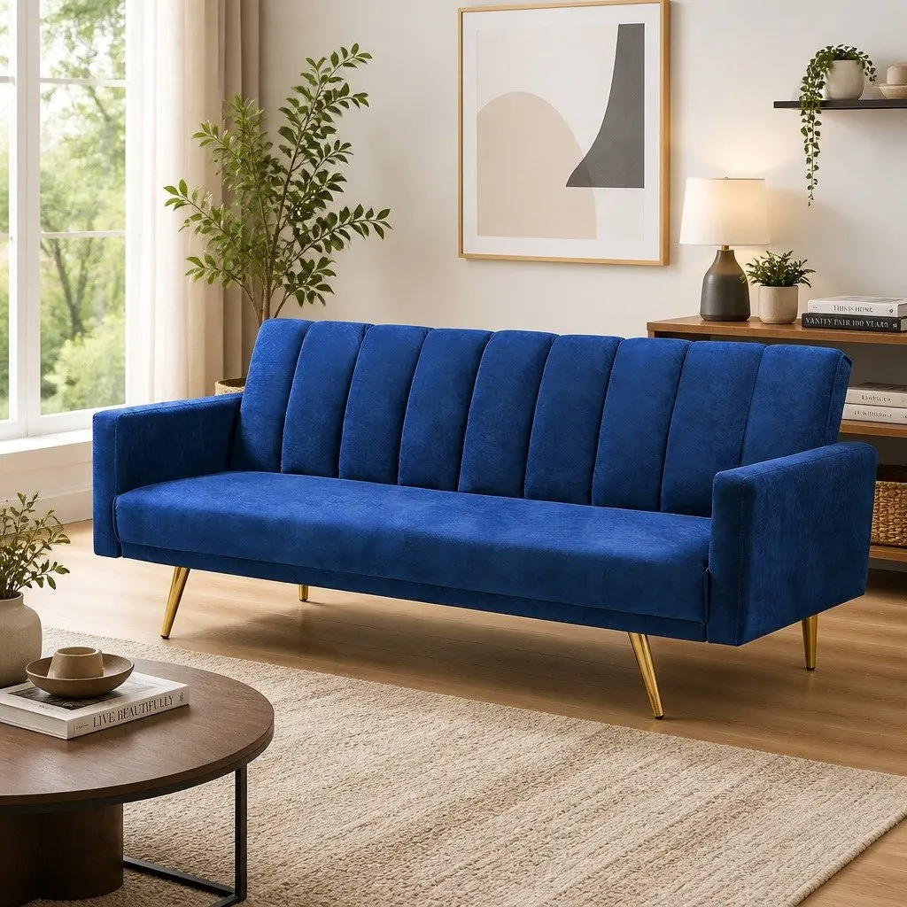 3 Seater Convertible Sofa Bed Velvet Lounge Recliner Fold Out Sleeper Couch Blue