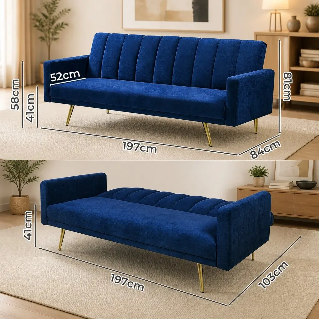 3 Seater Convertible Sofa Bed Velvet Lounge Recliner Fold Out Sleeper Couch Blue