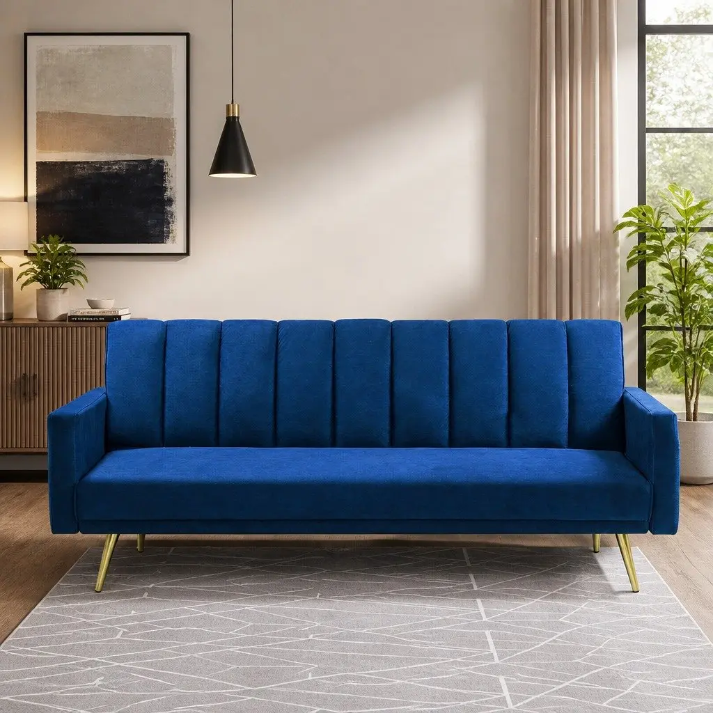 3 Seater Convertible Sofa Bed Velvet Lounge Recliner Fold Out Sleeper Couch Blue