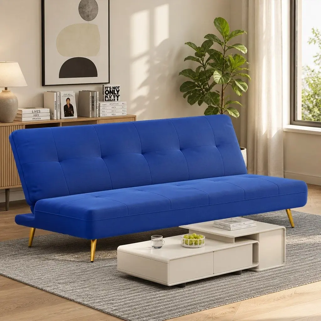 3 Seater Sofa Bed Convertible Velvet Adjustable Backrest Lounge Couch Deep Blue