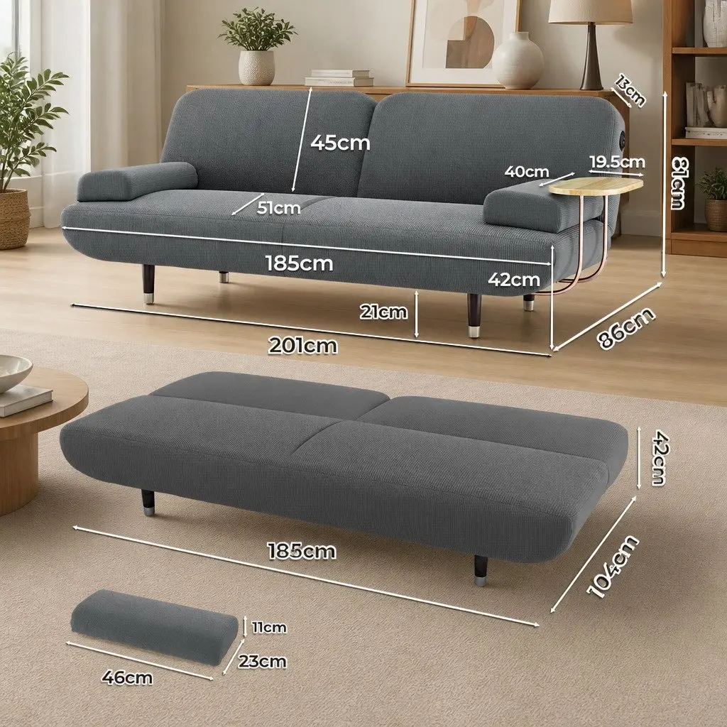 Convertible Sofa Bed Corduroy Fabric 3-Seater Adjustable Backrest Grey