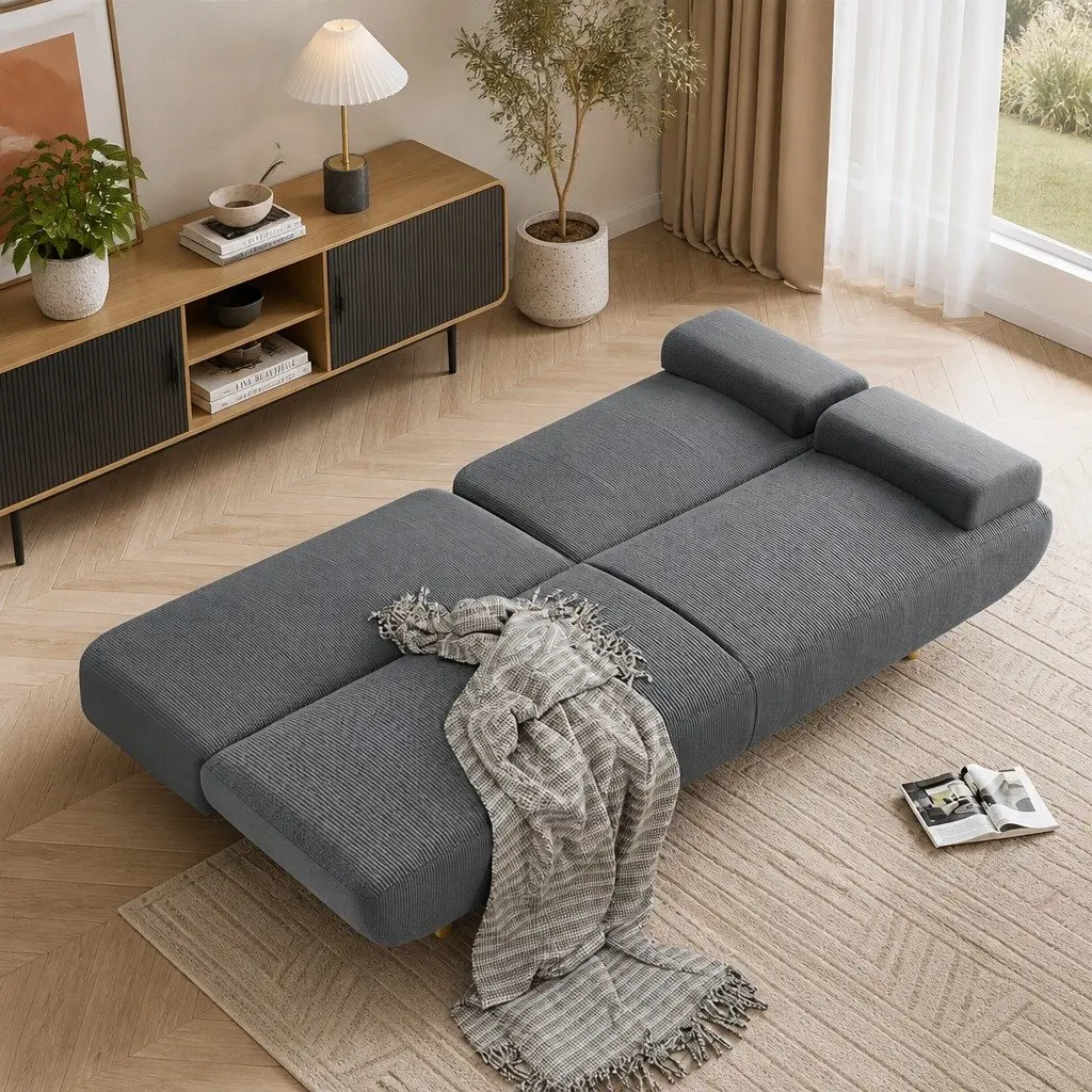 Convertible Sofa Bed Corduroy Fabric 3-Seater Adjustable Backrest Grey