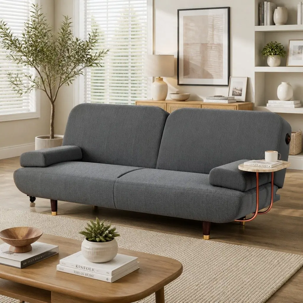 Convertible Sofa Bed Corduroy Fabric 3-Seater Adjustable Backrest Grey