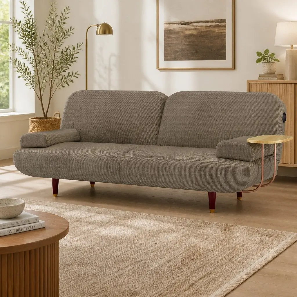 Convertible Sofa Bed Corduroy Fabric 3 Seater Khaki with Adjustable Backrest Side Table and USB Charging Port